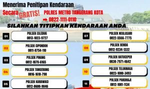 Infografis Polres Metro Tangerang Kota dan Polsek Jajaran untuk penitipan kendaraan bermotor gratis selama musim mudik lebaran 2024.(Ist) HitzSerpong.com