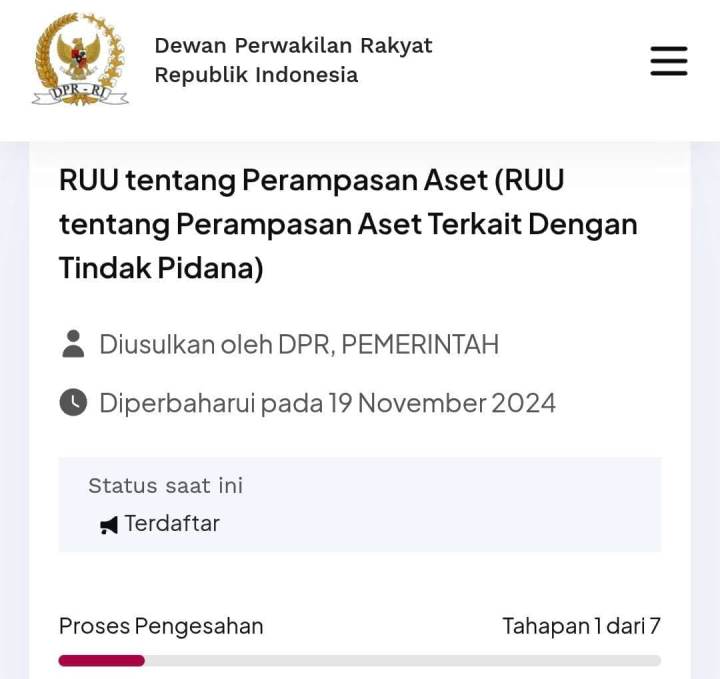 RUU Perampasan Aset telah terdaftar di DPR RI.(tangkapan layar dari laman DPR RI) HitzSerpong.com